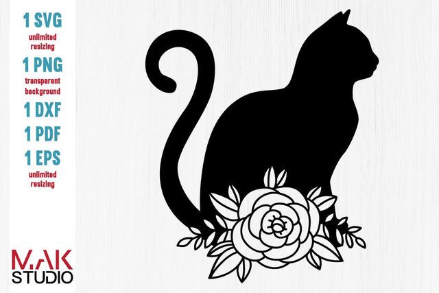 Cat with flowers svg Cat with flowers dxf Cat cut file Cat floral svg Cat flower svg Cat floral dxf Cat svg Cat dxf SVG MAKStudion 