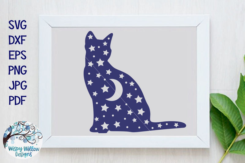 Cat with Moon and Stars SVG SVG Wispy Willow Designs 