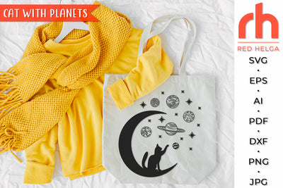 Cat with Planets SVG - Crescent Moon Cut File SVG RedHelgaArt 