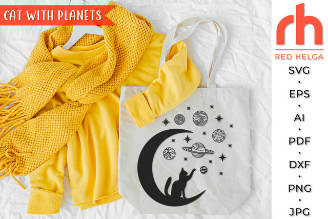 Cat with Planets SVG - Crescent Moon Cut File SVG RedHelgaArt 