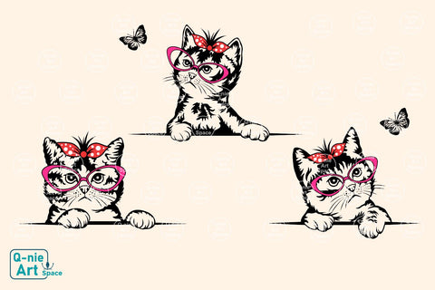 Cat with Ribbon and Glasses SVG, Peeking Cat Clipart, Kitten Clipart SVG Q-nie Art Space 