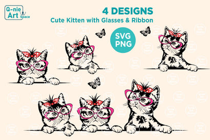Cat with Ribbon and Glasses SVG, Peeking Cat Clipart, Kitten Clipart SVG Q-nie Art Space 