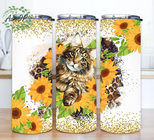 Cat With Sunflowers 20oz Skinny Tumbler Png, Glitter Leopard Tumbler Png, Cat Tumbler, Cat Lover Tumbler, Tumbler Wrap Digital Download Sublimation AdriOP 