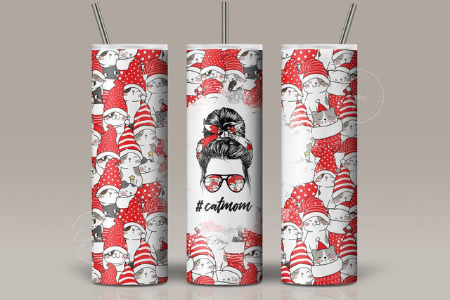 CatMom Christmas Tumbler Wrap PNG, Hair Messy Bun, Cute Cats Skinny Tumbler Design, Skinny 20 oz Seamless Sublimation, Funny Cat Tumbler Sublimation Syre Digital Creations 