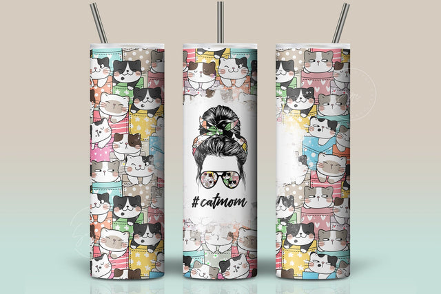 CatMom Tumbler Wrap PNG, Hair Messy Bun, Cute Cats Skinny Tumbler Design, Skinny 20 oz Seamless Sublimation Design, Funny Cat Travel Tumbler Sublimation Syre Digital Creations 
