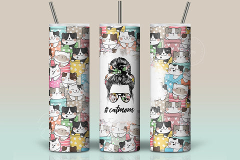 CatMom Tumbler Wrap PNG, Hair Messy Bun, Cute Cats Skinny Tumbler Design, Skinny 20 oz Seamless Sublimation Design, Funny Cat Travel Tumbler Sublimation Syre Digital Creations 