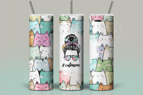 CatMom Tumbler Wrap PNG, Hair Messy Bun, Cute Cats Skinny Tumbler Design, Skinny 20 oz Seamless Sublimation Design, Funny Cat Travel Tumbler Sublimation Syre Digital Creations 