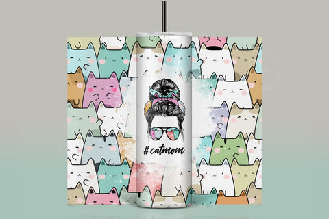 CatMom Tumbler Wrap PNG, Hair Messy Bun, Cute Cats Skinny Tumbler Design, Skinny 20 oz Seamless Sublimation Design, Funny Cat Travel Tumbler Sublimation Syre Digital Creations 