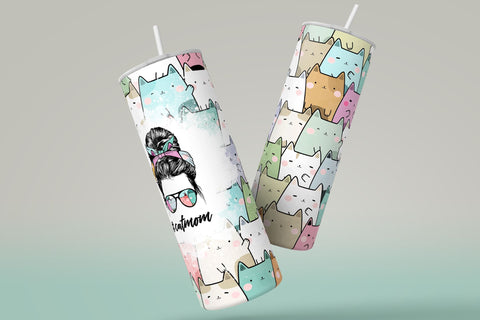 CatMom Tumbler Wrap PNG, Hair Messy Bun, Cute Cats Skinny Tumbler Design, Skinny 20 oz Seamless Sublimation Design, Funny Cat Travel Tumbler Sublimation Syre Digital Creations 