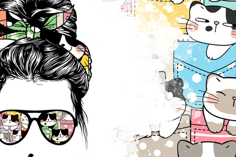 CatMom Tumbler Wrap PNG, Hair Messy Bun, Cute Cats Skinny Tumbler Design, Skinny 20 oz Seamless Sublimation Design, Funny Cat Travel Tumbler Sublimation Syre Digital Creations 