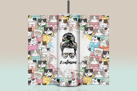 CatMom Tumbler Wrap PNG, Hair Messy Bun, Cute Cats Skinny Tumbler Design, Skinny 20 oz Seamless Sublimation Design, Funny Cat Travel Tumbler Sublimation Syre Digital Creations 