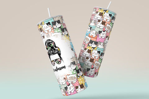 CatMom Tumbler Wrap PNG, Hair Messy Bun, Cute Cats Skinny Tumbler Design, Skinny 20 oz Seamless Sublimation Design, Funny Cat Travel Tumbler Sublimation Syre Digital Creations 
