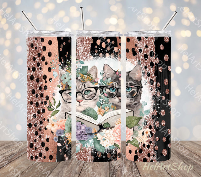 Cats With Books Tumbler PNG Sublimation, Cute Skinny Tumbler Sublimation _HelArtShop_ 