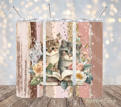 Cats With Books Tumbler PNG Sublimation, Cute Skinny Tumbler Sublimation _HelArtShop_ 