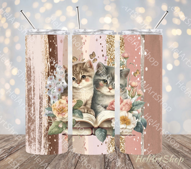 Cats With Books Tumbler PNG Sublimation, Cute Skinny Tumbler Sublimation _HelArtShop_ 