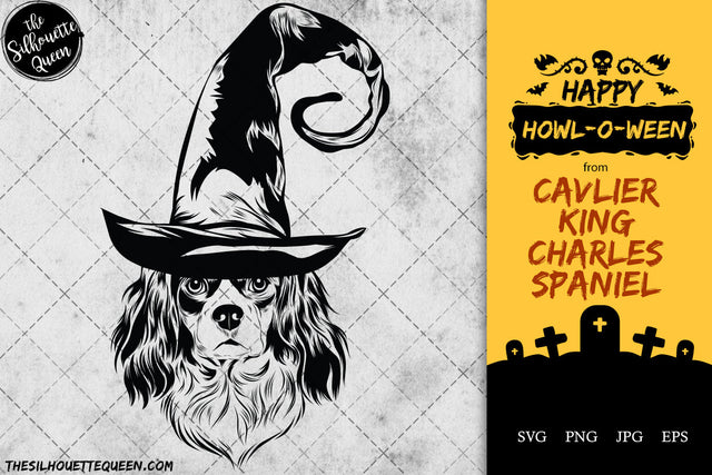 Cavalier King Charles Spaniel dog svg portrait clipart vector graphic art Witch hat Halloween dog Cricut cut file cuttable design SVG Loveleen Kaur 