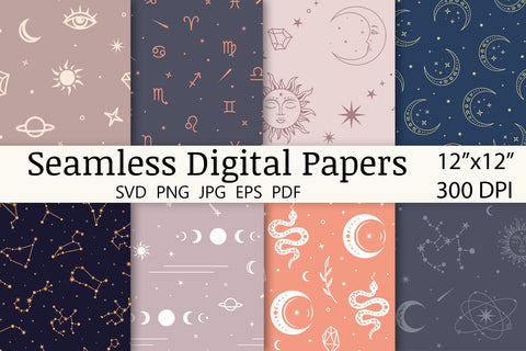 Celestial Digital Papers, boho seamless pattern backgrounds SVG Digital Rainbow Shop 
