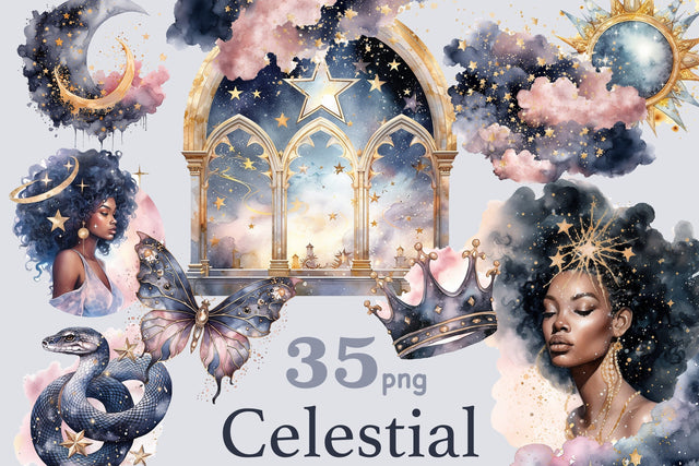 Celestial Moon Clipart | Black Goddess PNG SVG GlamArtZhanna 