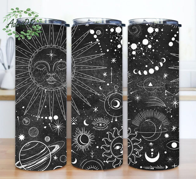Celestial Zodiac 20oz Skinny Tumbler Png, Witchy Vibes Tumbler, Spooky Season Tumbler, Gift For Moon And Sun Lover, Stained Glass Celestial Moon Tumbler Sublimation AdriOP 