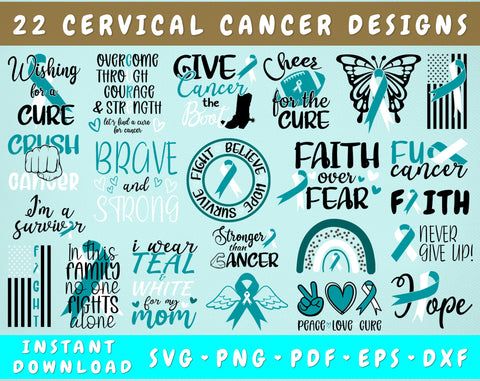 Cervical Cancer Awareness SVG Bundle, 22 Designs, Teal and White Cancer Ribbon SVG Cut Files SVG HappyDesignStudio 