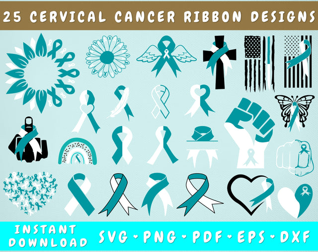 Cervical Cancer Ribbon SVG Bundle, 25 Designs, Cervical Cancer Clipart, Teal And White Ribbon SVG, Cervical Cancer PNG Files, Cervical Cancer Sunflower SVG SVG HappyDesignStudio 