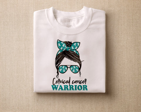 Cervical Cancer Warrior SVG, Cervical Cancer Messy Bun SVG, Teal and White Cancer SVG, Cervical Cancer Survivor SVG, Cervical Cancer Warrior PNG SVG HappyDesignStudio 