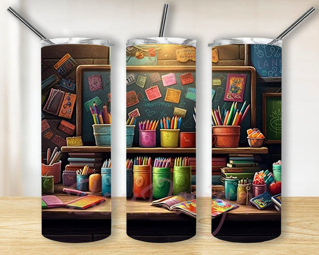 Chalkboard Books School 20oz Skinny Tumbler Png, Apple, Supplies, Clock, Books, Globe, Backpack Tumbler, Books School Tumbler, Teacher Pencil Tumbler Sublimation BouDesign 