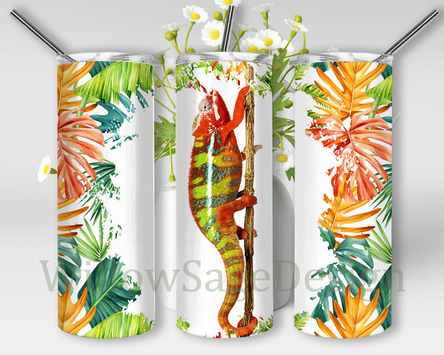 Chameleon 20oz Tumbler Png, Jungle Lizard Tumbler Design, Tropical Leaves Tumbler Wrap, Gecko Design Png, Animal Tumbler With Lid And Straw, Digital Download Sublimation WillowSageDesign 