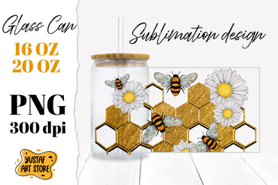 Chamomile, Gold foil Honeycomb & Bees Glass Can Sublimation Sublimation Yustaf Art Store 