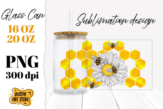 Chamomile & Honey Bee Glass Can Sublimation design 16oz 20oz Sublimation Yustaf Art Store 