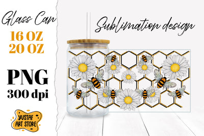 Chamomile & Honey Bees Glass Can Sublimation design Sublimation Yustaf Art Store 