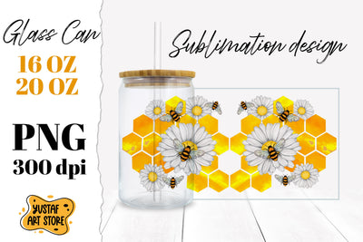 Chamomile, Honeycomb and Bees Glass Can Sublimation PNG Sublimation Yustaf Art Store 