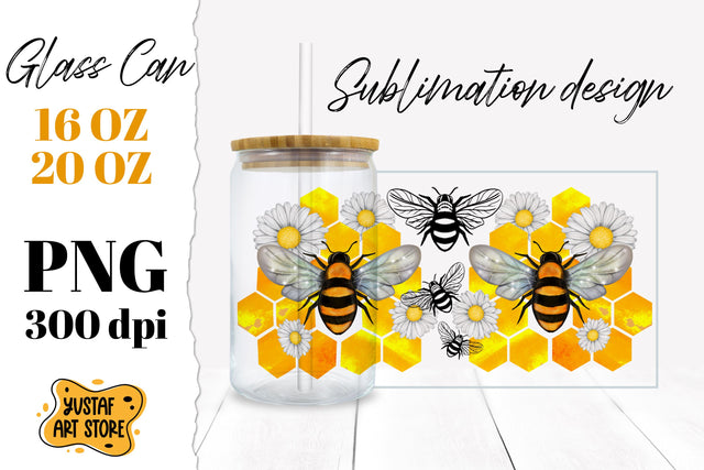 Chamomile, Honeycomb & Bee Glass Can Sublimation Design Sublimation Yustaf Art Store 