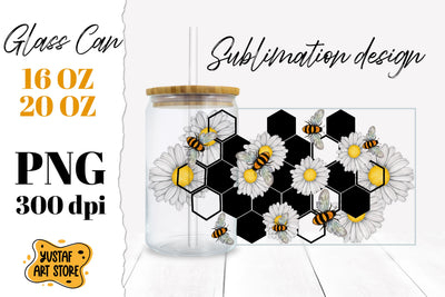 Chamomile, Honeycomb & Bee Glass Can Sublimation PNG Sublimation Yustaf Art Store 