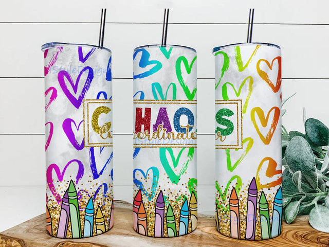 Chaos Coordinator Glitter Design Png, Teacher Crayon 20oz Skinny Tumbler, Colorful Heart Tumbler Wrap, Teacher Sublimation Png, Digital Download Sublimation iStyleDesign 