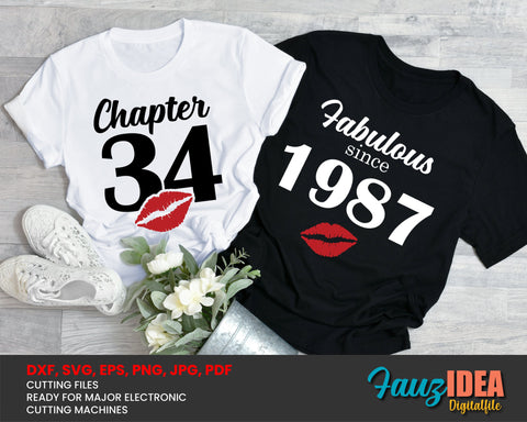 Chapter 34, Fabulous Since 1987, thirty-four, 34 th, Fabulous Birthday, Kiss svg, Kiss print, Sexy Birthday Svg file. SVG Fauz 
