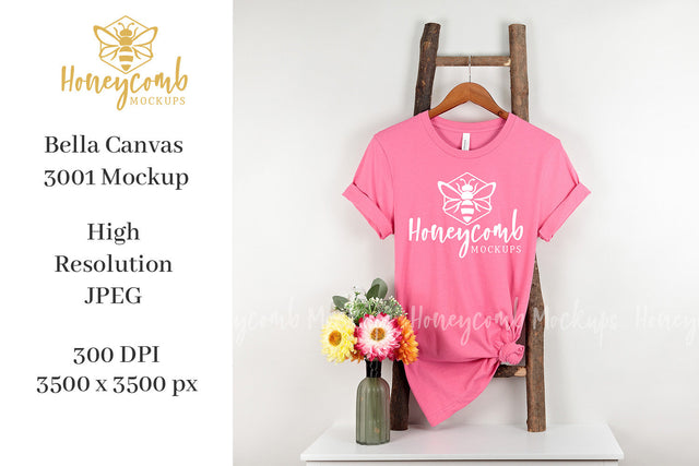 Charity Pink 3001 Mockup, Hanging Ladder Mockup, Women's T-Shirt Mockup Mock Up Photo Honeycomb Mockups 