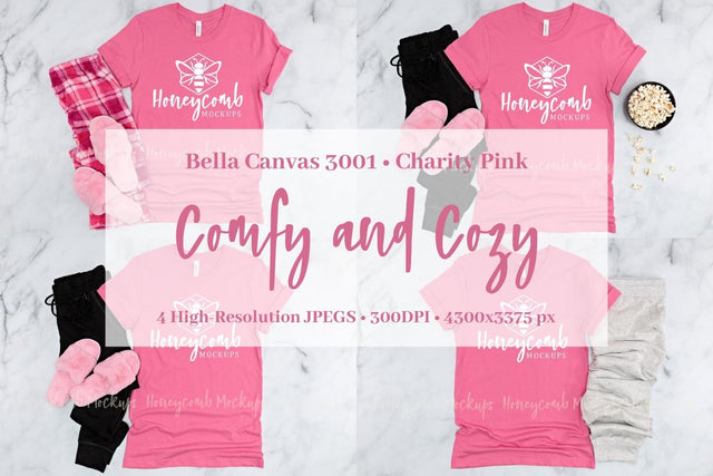 Charity Pink Bella Canvas 3001 Mockup Bundle, Women's Pink T-Shirt Mockup, Comfy and Cozy Mockup Mock Up Photo Honeycomb Mockups 