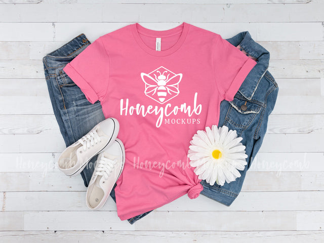Charity Pink Bella Canvas 3001 Mockup, Women's Pink T-Shirt Mockup Mock Up Photo Honeycomb Mockups 