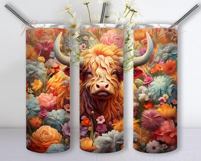 Charming Highland Cow Flowers 20oz Skinny Tumbler Png, Vibrant Colors Tumbler, Colorful Flowers Highland Cow Tumbler, Colorful Flowers Tumbler, Colorful Highland Cow Tumbler Sublimation PixelChick 