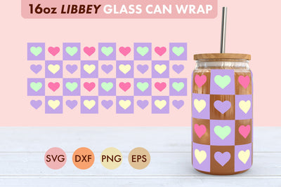 Checkered Heart SVG PNG 16 oz Libbey Glass Can Wrap SVG Freeling Design House 