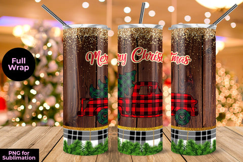 Checkered Truck on Dark Wood Sublimation Tumbler Template 20 oz Sublimation Sublimatiz Designs 