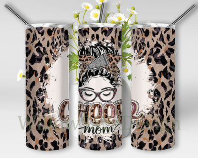 Cheer Mom 20oz Skinny Tumbler, Messy Bun Mom Tumbler, Cheer Tumbler, Mom Gift, Coffee Lover, Leopard Messy Bun Tumbler Png Sublimation WillowSageDesign 