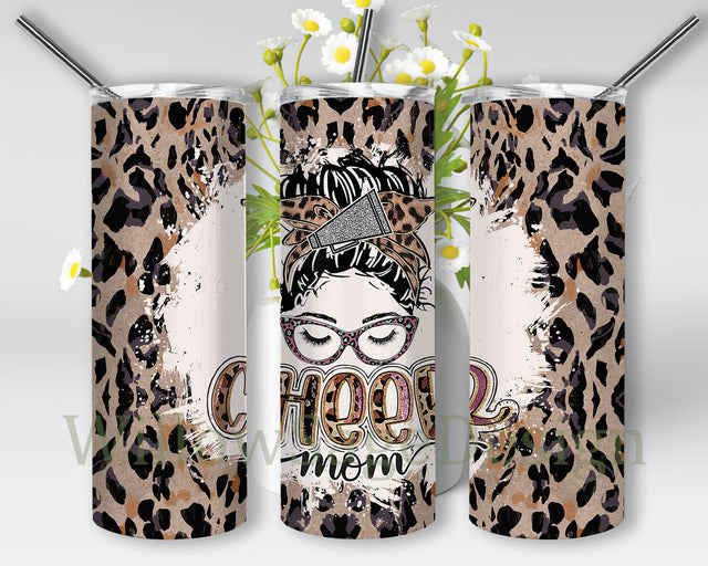 Cheer Mom 20oz Skinny Tumbler, Messy Bun Mom Tumbler, Cheer Tumbler, Mom Gift, Coffee Lover, Leopard Messy Bun Tumbler Png Sublimation WillowSageDesign 