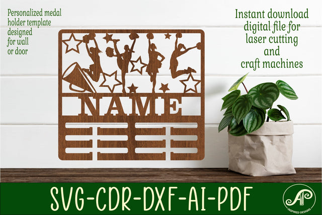 Cheerleading medal holder Name svg laser cut template SVG APInspireddesigns 