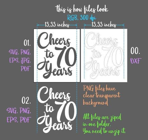 Cheers to 70 years 70th Birthday Anniversary Sign Funny Saying Seventy Greeting Card Congrats SVG DXF PNG PDF JPG SVG Digitals by Hanna 