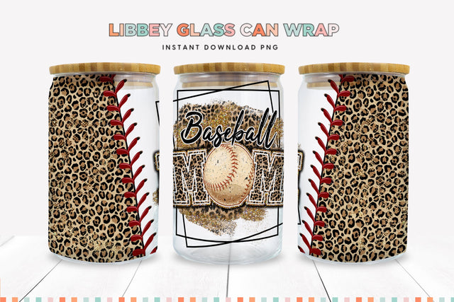 Cheetah Print Baseball Mom Glass Can Sublimation PNG Sublimation BijouBay 