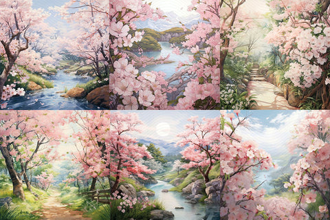 Cherry Blossom Digital Backgrounds, 6 Sakura Clipart PNGs Sublimation BijouBay 