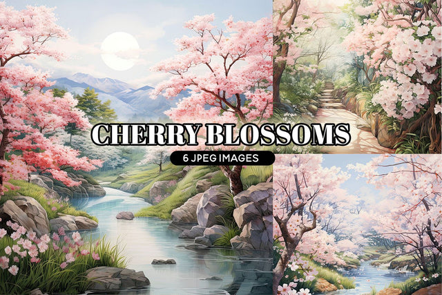 Cherry Blossom Digital Backgrounds, 6 Sakura Clipart PNGs Sublimation BijouBay 