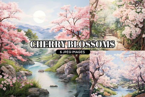 Cherry Blossom Digital Backgrounds, 6 Sakura Clipart PNGs Sublimation BijouBay 